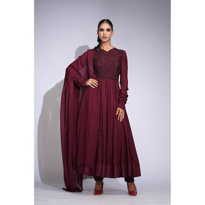 Shruti S Burgundy Mul Cotton Anarkali with Churidar and Dupatta