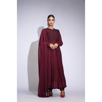 Shruti S Burgundy Mul Cotton Anarkali with Churidar and Dupatta
