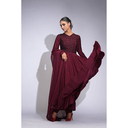 Shruti S Burgundy Mul Cotton Anarkali with Churidar and Dupatta