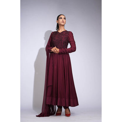 Shruti S Burgundy Mul Cotton Anarkali with Churidar and Dupatta