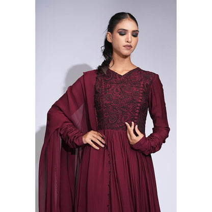Shruti S Burgundy Mul Cotton Anarkali with Churidar and Dupatta