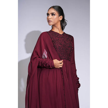 Shruti S Burgundy Mul Cotton Anarkali with Churidar and Dupatta