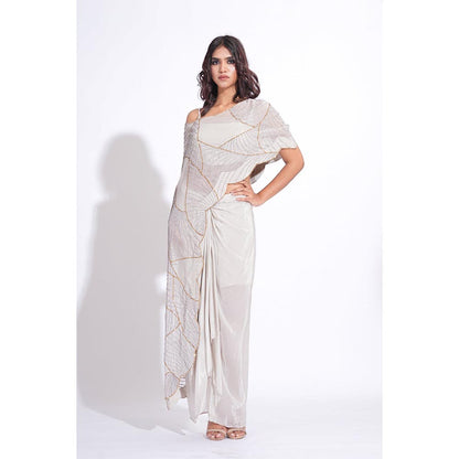 Shruti S Embroidered Taupe Top With Dhoti And Cape