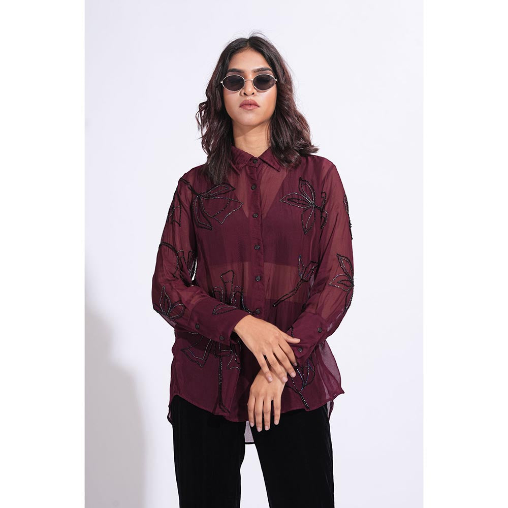 Shruti S Organza Formal Burgundy Shirt