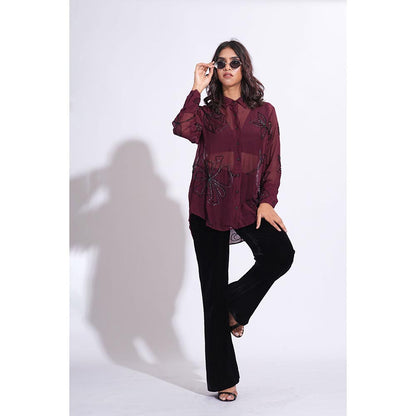 Shruti S Organza Formal Burgundy Shirt