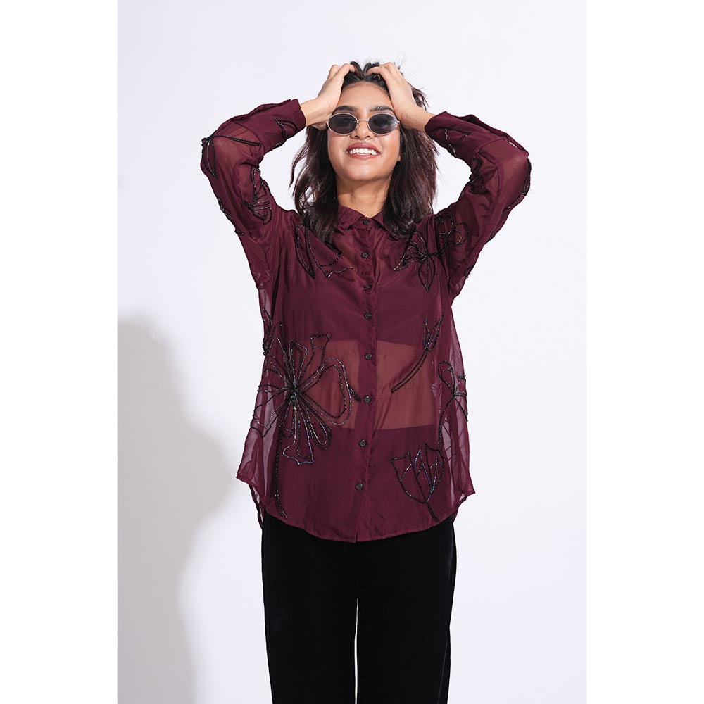 Shruti S Organza Formal Burgundy Shirt