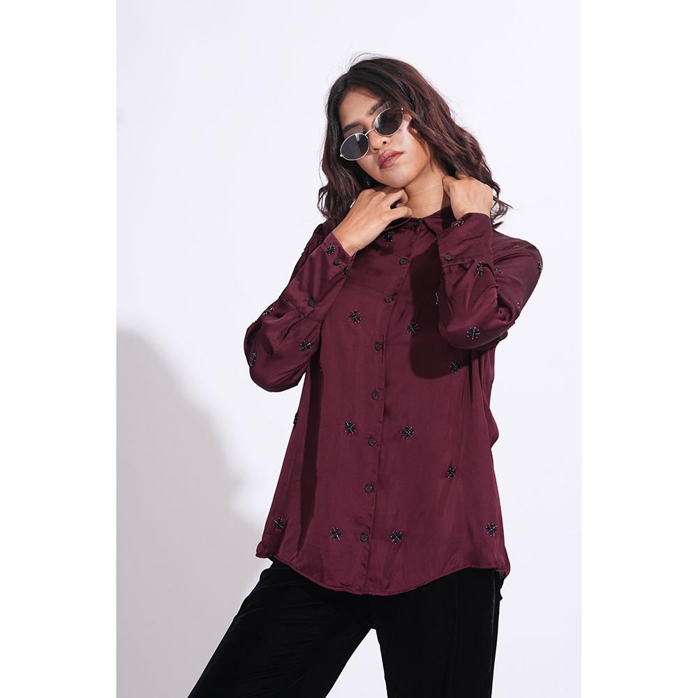 Shruti S Satin Formal Burgundy Shirt