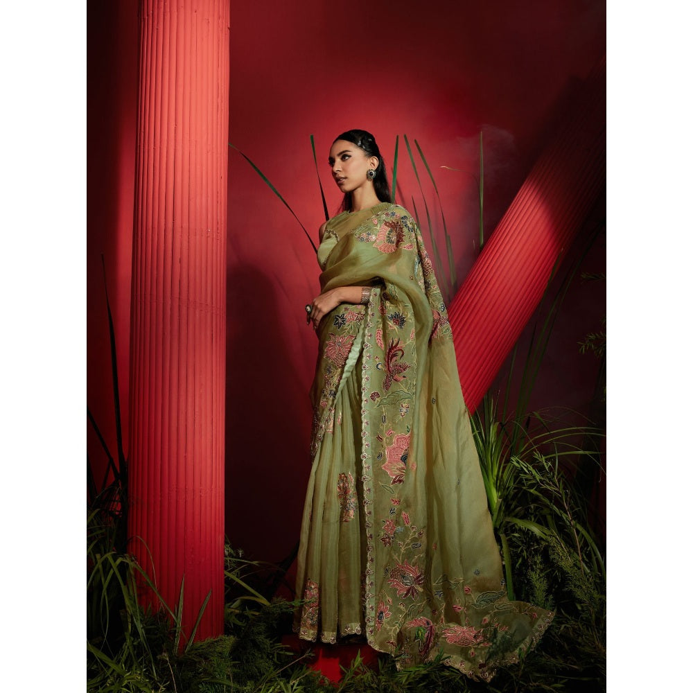 Shreeka Pista Green Organza Silk Hand Embroidered Saree with Stitched Blouse