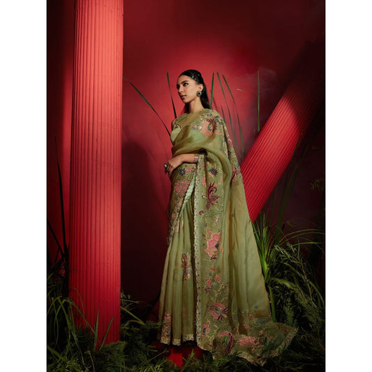 Shreeka Pista Green Organza Silk Hand Embroidered Saree with Stitched Blouse
