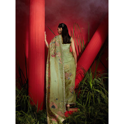 Shreeka Pista Green Organza Silk Hand Embroidered Saree with Stitched Blouse