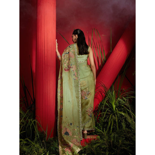 Shreeka Pista Green Organza Silk Hand Embroidered Saree with Stitched Blouse