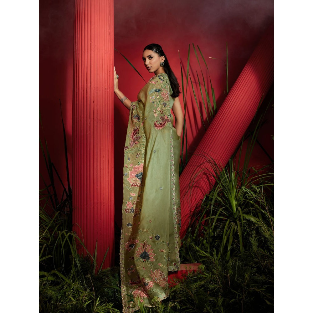 Shreeka Pista Green Organza Silk Hand Embroidered Saree with Stitched Blouse
