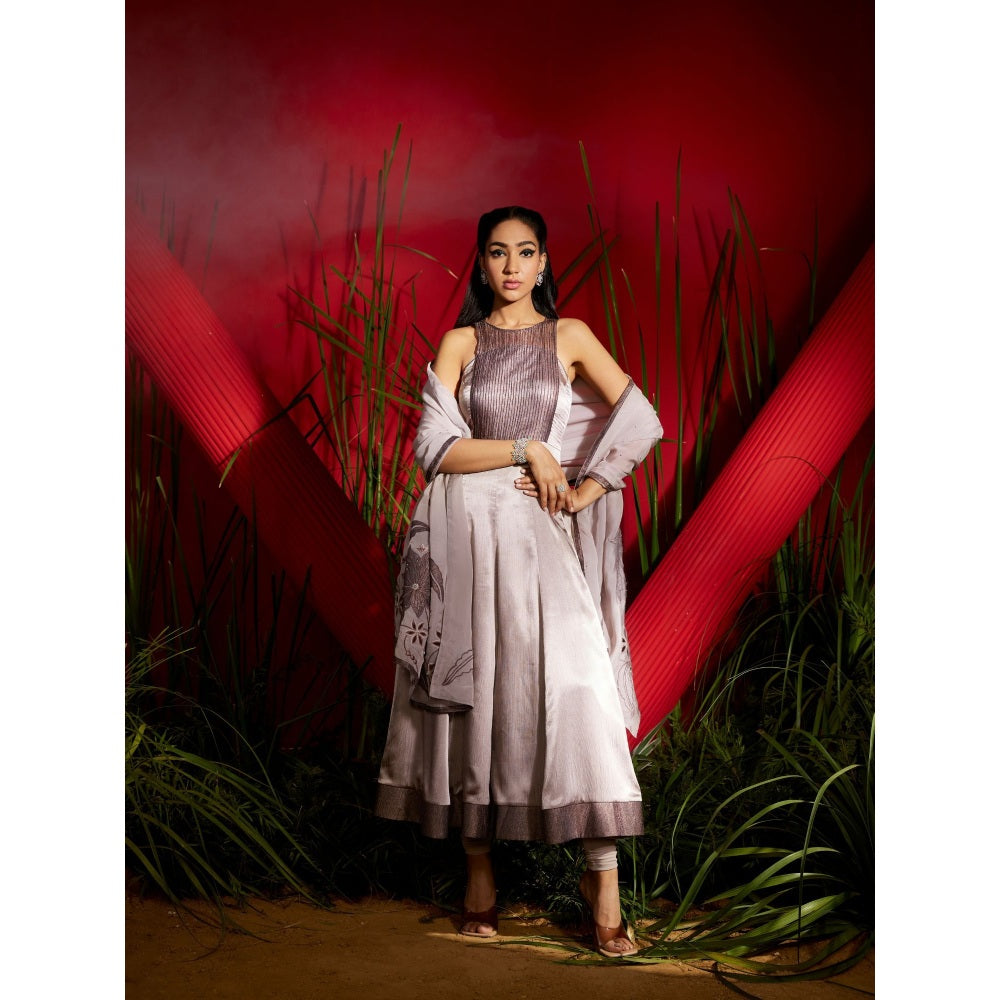 Shreeka Pintuck Detailed Crinkle Satin Anarkali With Embroidered Dupatta (Set of 3)