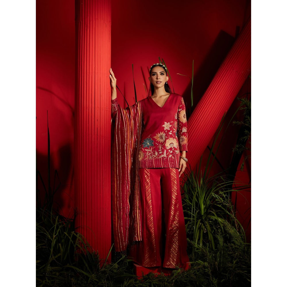 Shreeka Deep Red Embroidered Kurta And Shaara Georgette (Set of 3)