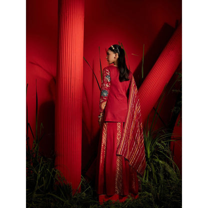 Shreeka Deep Red Embroidered Kurta And Shaara Georgette (Set of 3)