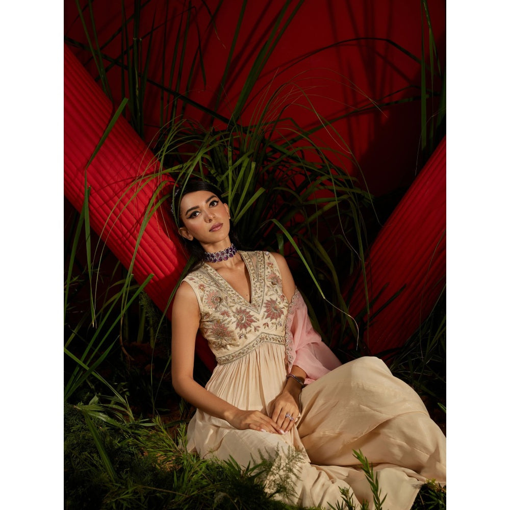 Shreeka Beige Georgette Embroidered Peplum And Shaara (Set of 3)