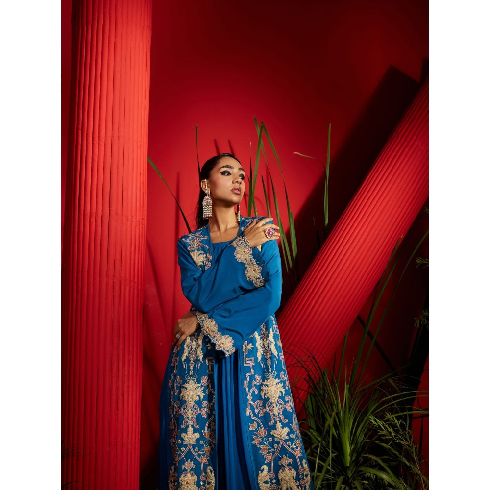 Shreeka Teal Crepe Silk Embroidered Jacket (Set of 2)