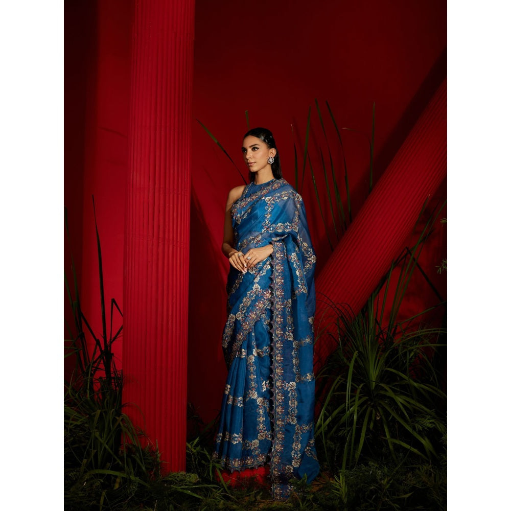 Shreeka Teal Blue Saree With A Matching Halter Stitched Blouse and Petticoat