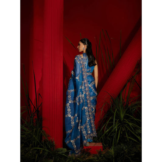 Shreeka Teal Blue Saree With A Matching Halter Stitched Blouse and Petticoat