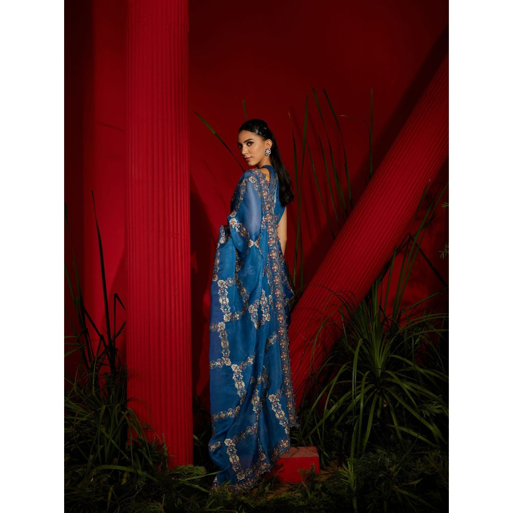 Shreeka Teal Blue Saree With A Matching Halter Stitched Blouse and Petticoat