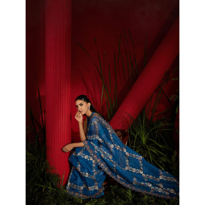 Shreeka Teal Blue Saree With A Matching Halter Stitched Blouse and Petticoat