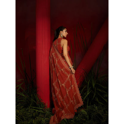 Shreeka Rust Saree In Georgette Silk Paired With Matching Stitched Blouse And Petticoat