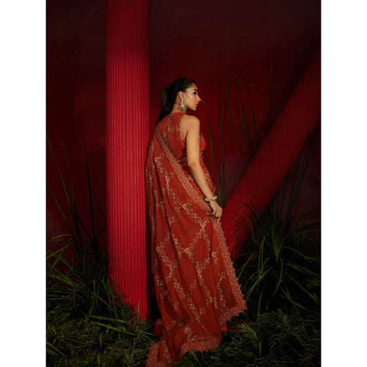 Shreeka Rust Saree In Georgette Silk Paired With Matching Stitched Blouse And Petticoat