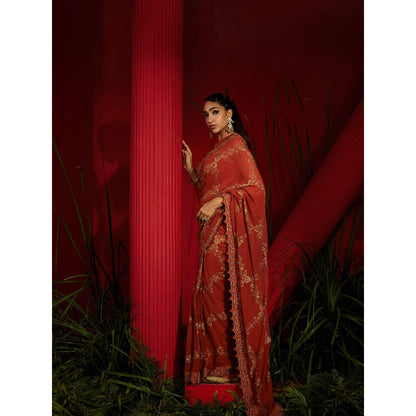 Shreeka Rust Saree In Georgette Silk Paired With Matching Stitched Blouse And Petticoat