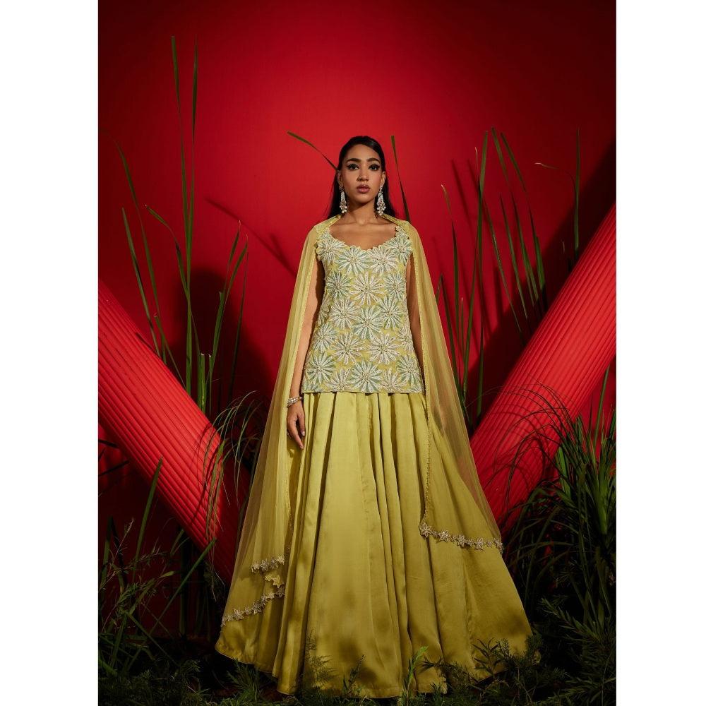 Shreeka Yellow Georgette And Satin Organza Embroidered Kurta & Skirt (Set of 3)