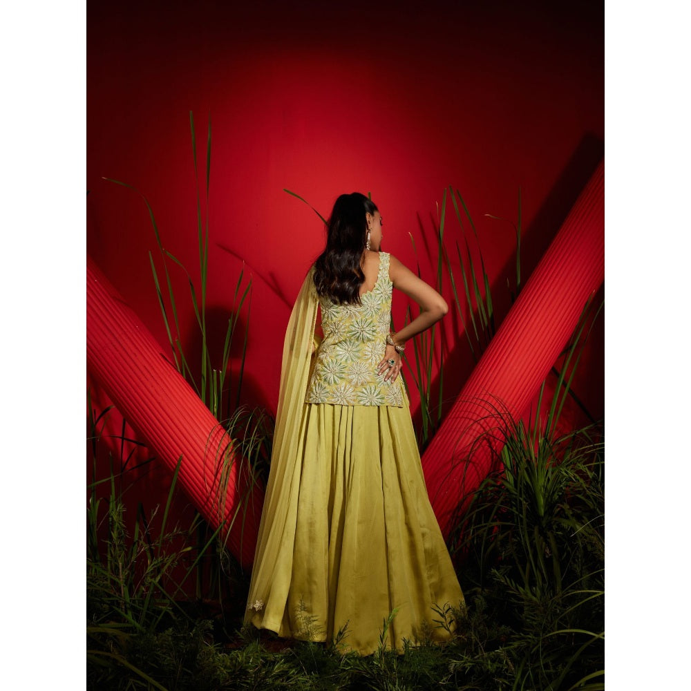 Shreeka Yellow Georgette And Satin Organza Embroidered Kurta & Skirt (Set of 3)