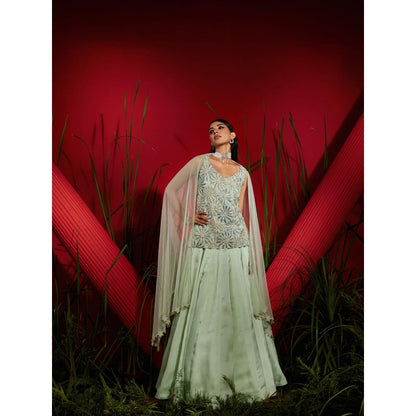 Shreeka Mint Georgette And Satin Organza Embroidered Kurta & Skirt (Set of 3)