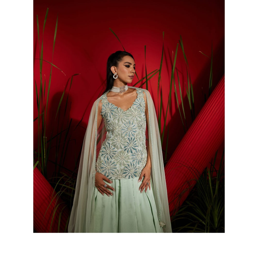 Shreeka Mint Georgette And Satin Organza Embroidered Kurta & Skirt (Set of 3)