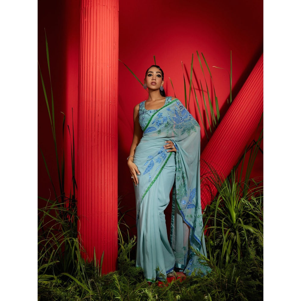 Shreeka Blue Silk Georgette Embroidered Saree with Stitched Blouse