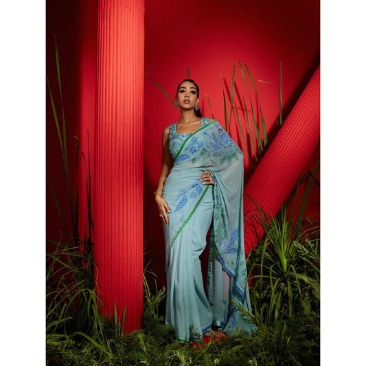 Shreeka Blue Silk Georgette Embroidered Saree with Stitched Blouse