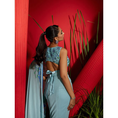 Shreeka Blue Silk Georgette Embroidered Saree with Stitched Blouse