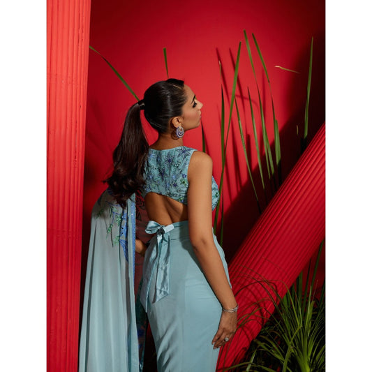 Shreeka Blue Silk Georgette Embroidered Saree with Stitched Blouse