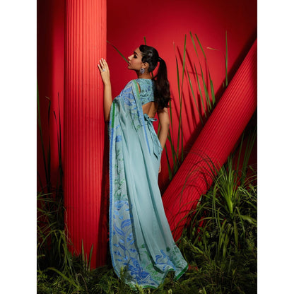 Shreeka Blue Silk Georgette Embroidered Saree with Stitched Blouse