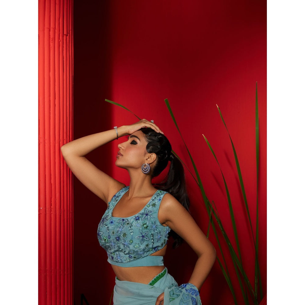 Shreeka Blue Silk Georgette Embroidered Saree with Stitched Blouse