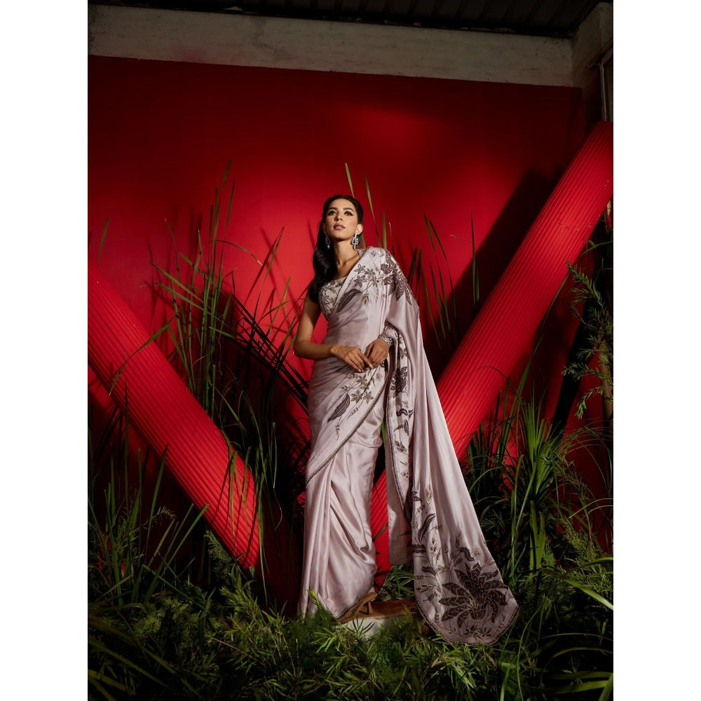 Shreeka Mauve Silk Satin Embroidered Saree with Stitched Blouse