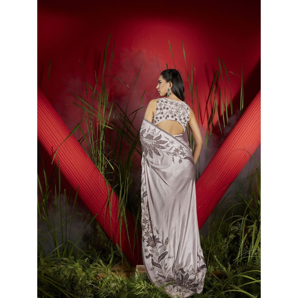 Shreeka Mauve Silk Satin Embroidered Saree with Stitched Blouse