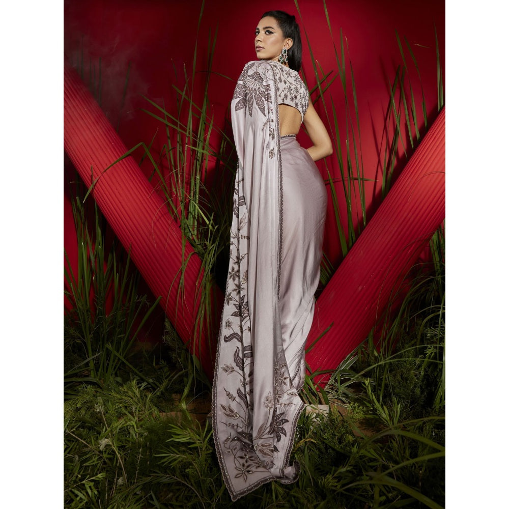 Shreeka Mauve Silk Satin Embroidered Saree with Stitched Blouse