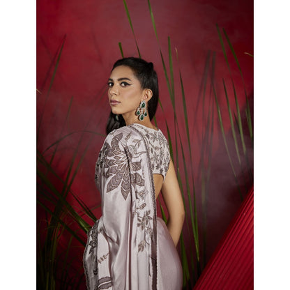 Shreeka Mauve Silk Satin Embroidered Saree with Stitched Blouse