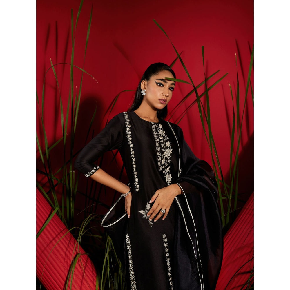 Shreeka Black Silk Chander Embroidered Suit (Set of 3)