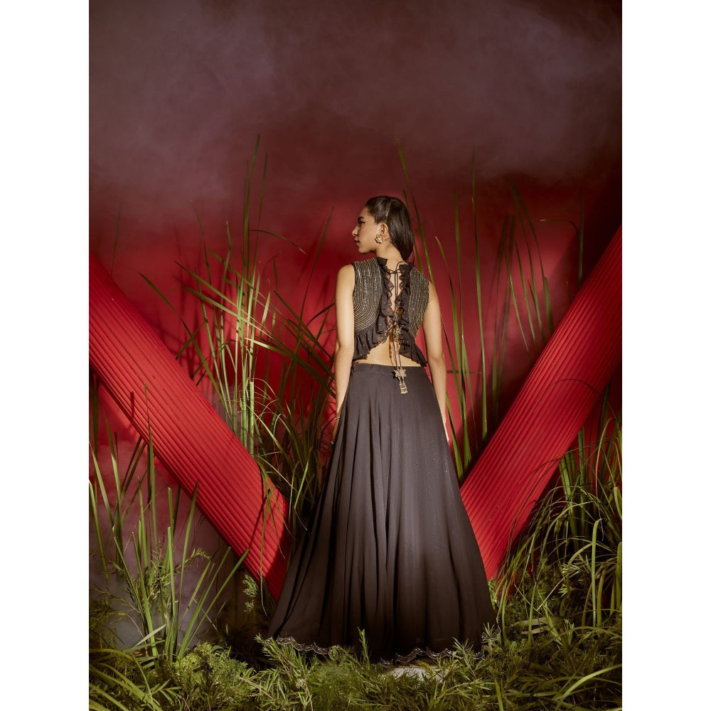 Shreeka Black & Gold Embroidered Georgette Ruffled Crop Top And Skirt (Set of 2)
