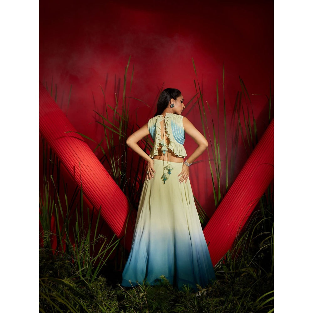 Shreeka Ombre Embroidered Georgette Ruffled Crop Top And Skirt (Set of 3)