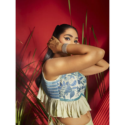 Shreeka Ombre Embroidered Georgette Ruffled Crop Top And Skirt (Set of 3)