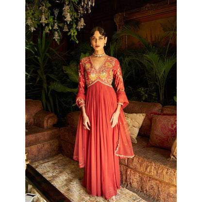 Shreeka Rust Chander & Georgette Embroidered Anarkali (Set of 3)