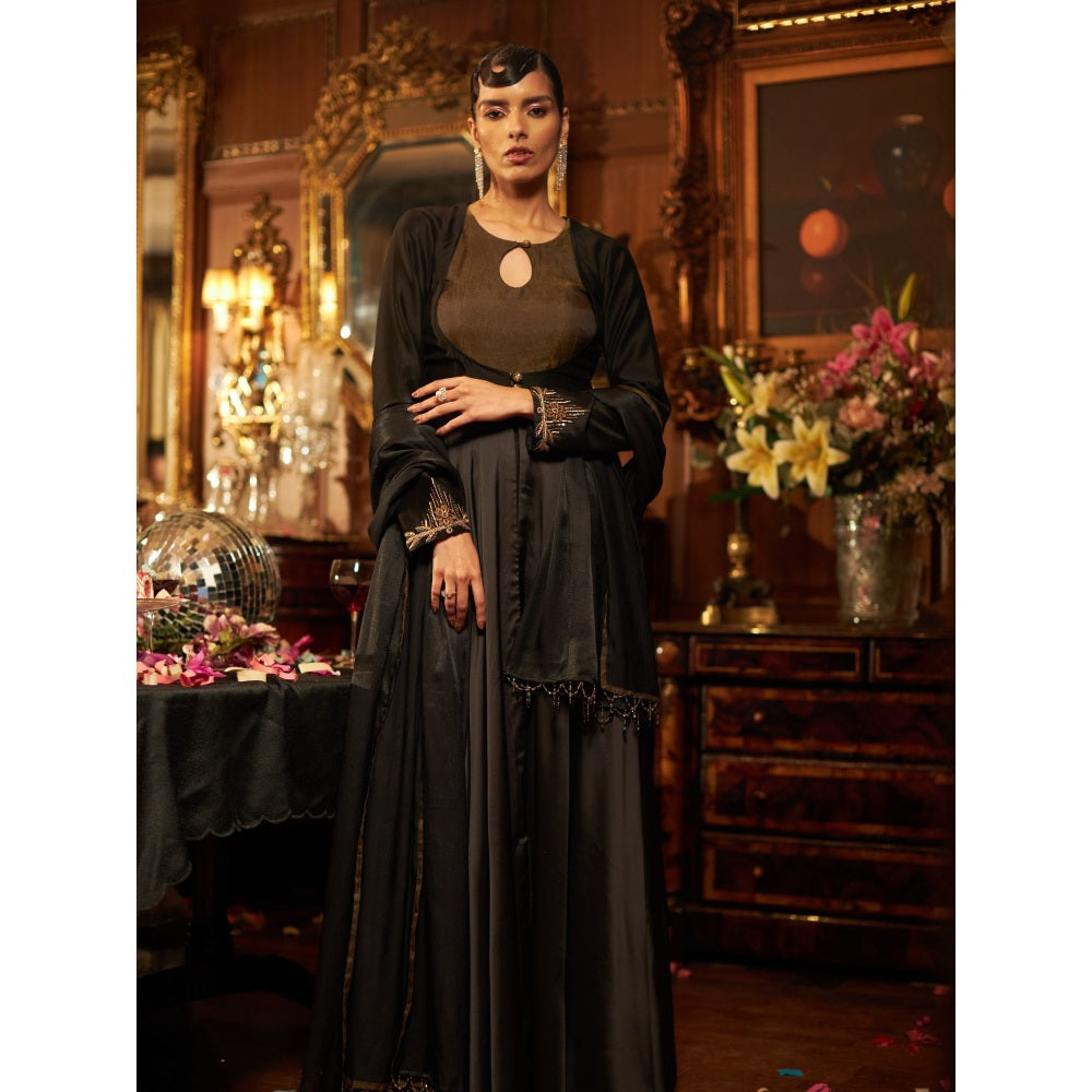 Shreeka Black Satin And Banarasi Silk Tissue Embroidered Anarkali (Set of 3)