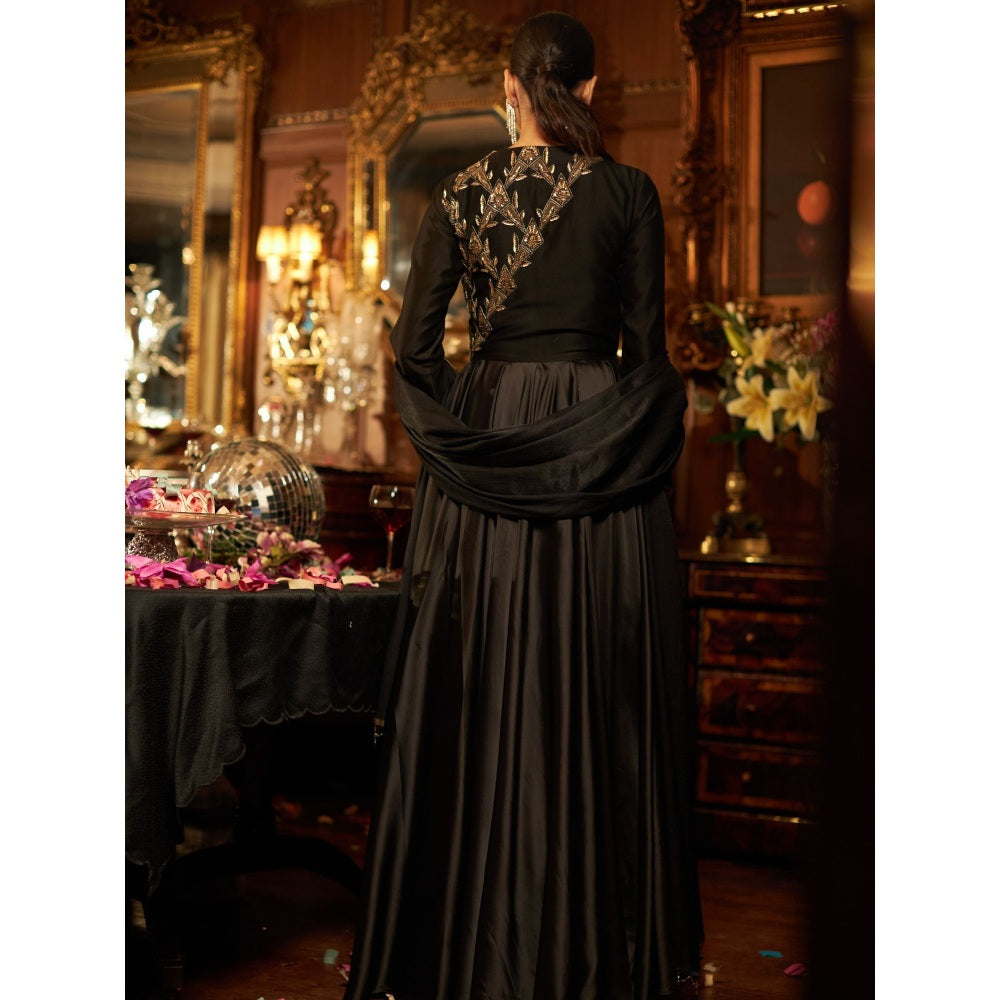 Shreeka Black Satin And Banarasi Silk Tissue Embroidered Anarkali (Set of 3)