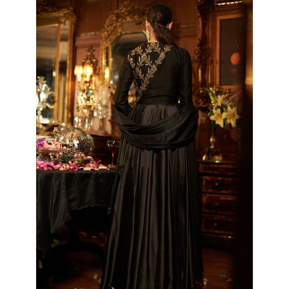 Shreeka Black Satin And Banarasi Silk Tissue Embroidered Anarkali (Set of 3)